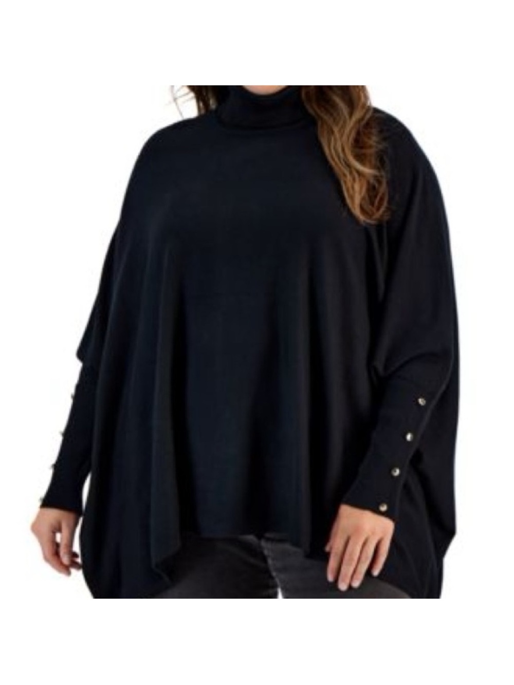 JM Collection Black Plus-Size Turtleneck Sweater with Buttoned Cuffs